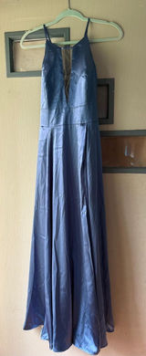 Signature Steel Blue Satin Plunge V Prom Gown Photo 0