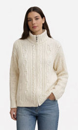 Inis Crafts Ireland Merino Wool Fisherman Cable Knit Zip Sweater Cream Small Photo 0