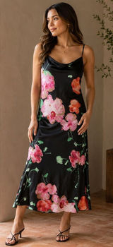 Josie Natori Silk Slip Dress Womens L Black Peony Blossom Floral Bias Cut Midi Photo 0