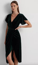 Lauren Ralph Lauren Velvet Flutter Sleeve Cocktail Midi Dress Green US 16 NWT Photo 0