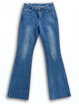 Womens Medium Wash Raw Hem Flare Jeans Frayed Waistband Denim Trousers Photo 0