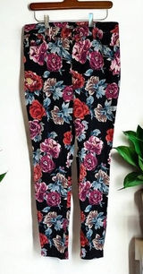 Chicos‎ Black Sateen Rose Floral So Slimming Pants 8 Stretch Slim Fit Casua Photo 0