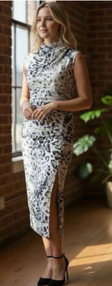 Adrienne Landau Black & White Leopard-Print Sleeveless Cowl Midi Dress Photo 0