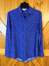 Beach Lunch Lounge Blue Red White Floral Button Up Blouse Size Small (6681) Photo 0