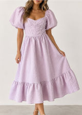 Simplee Lavender Puff Sleeve Pearl Trim Midi Dress Sweetheart Tiered Ruffle S Photo 0