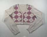 Aeropostale Women’s Large Cropped Cardigan Argyle Pink Beige Button Front Preppy Photo 0