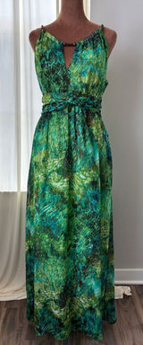 90s Vintage Sheri Martin‎ New York Green Tropical Print Chiffon Maxi Dress 10 Photo 0