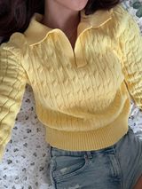 Lemon yellow chunky knit polo shirt, short-sleeved retro collared top, relaxed and loose-fitting sweater for summer and autumn. Photo 0