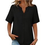 NEW Women Size XLarge Black 100% Cotton Linen-Like Short Sleeve Button Shirt Photo 0