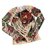 Tattoo Print Mesh Long Sleeve Top Womens S Nude Tiger Dragon Edgy Y2K Photo 0