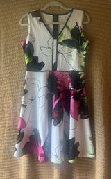Floral V-Neck Midi Dress in White with Pink & Green Accents Photo 0