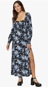 Free People Jaymes Dress Floral Printed Blue‎ Black Combo size large Photo 0
