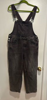 Black denim overalls jumpsuit Sz:L acid washed relaxed fit wide leg Baggy. Photo 0