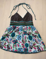 Womens‎ Floral Halter Top Brown Teal Boho Beaded Sequin Empire Babydoll Waist 8 Photo 0