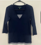Lauren Ralph Lauren Navy Blue Cotton V-Neck Top with Striped Trim, Size PM Photo 0
