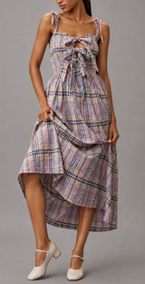 Anthropologie Damson Madder Hettie Seersucker Midi Dress Size 6 Plaid Purple Photo 0