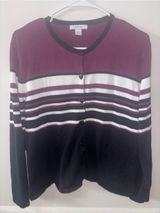 dressbarn Burgundy, Black & White Striped Button Cardigan Photo 0