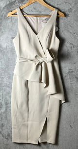 Fehaute‎ Sophisticated Beige Midi Dress Sleeveless Wrap Front Draped Bow MED New Photo 0