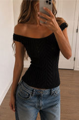 Banana Republic Black Pointelle Knit Off Shoulder Top Photo 0