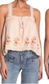 Free‎ People | Embroidered Floral Boho Beige Pink Lace Trim Tie Back Tank Top, M Photo 0