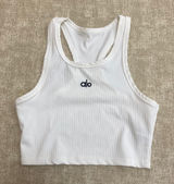 Alo White Ribbed Racerback Cropped Sports Tank Photo 0