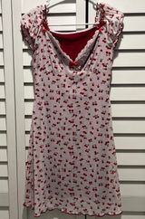 Romwe Coquette girl cherry print mesh lace trim sweetheart neckline dress red white xs Photo 0