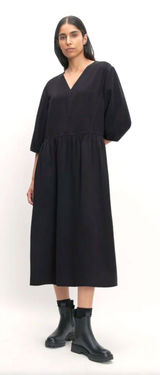 Everlane Tencel Puff Sleeve Dress Women L Black V Neck Midi Lagenlook Minimalist Photo 0