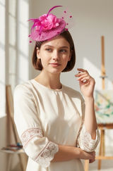 Elegant Fushia Pink Feather & Mesh Fascinator Hat with Hair Clip Photo 0