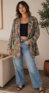 VTG Copy Cats Vintage Brown Tapestry Floral Suede Oversized Blazer Jacket Large Photo 0