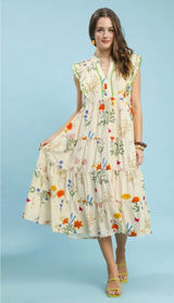 Umgee Floral Ruffle Tiered Midi Dress with Scalloped Detail - Small Photo 0