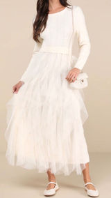 NWOT Lulus Size Small Ultimate Beauty Ivory Cable Knit Ruffled Tulle Maxi Dress Photo 0