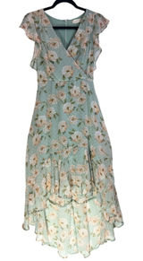 Altar’d State Green Floral Midi Dress Ruffle Sleeve V Neck No Belt Photo 0