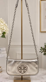 Tory Burch Reva Metallic Silver Leather Clutch Crossbody Bag Photo 0