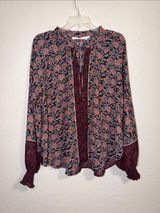 ASTR The Label Bohemian Peasant Tie Neck Smocked Cuffs Floral Blouse Prairie Photo 0