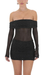 Lucy In the Sky Black Rhinestone Mesh Off Shoulder Dress Photo 0