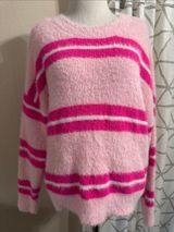 No Boundaries Pink Fuzzy Crewneck Sweater with Hot Pink Stripes Photo 0