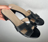 Genuine Leather Black H-Strap Slide Sandals Low Block Heel Contrast Stitch Photo 0