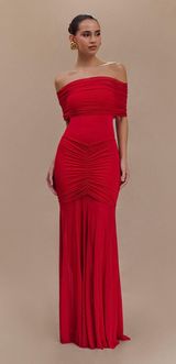 Slinky And Mesh Off Shoulder Maxi Dress Photo 0