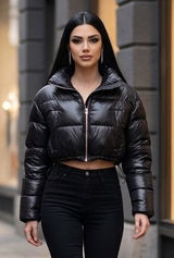 Urban Outfitters Black Cropped Puffer Jacket Quilted Zip Up Small Y2K Sreetwear Photo 0