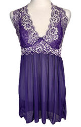 Babydoll Sheer Halter Slip Dress Women L Purple Floral Lace Festival‎ Romantic Photo 0