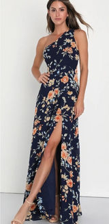 Lulus Elegant Admiration Floral One Shoulder Maxi Dress Navy Blue Size M NWT Photo 0