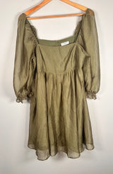 Storia Babydoll Dress Women L Olive Green Clip Dot Puff Sleeve fairy JD2443AD Photo 0