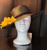 Vintage Betmar New York Black Wide Brim Sun Hat Yellow Floral Velvet Ribbon NWT Photo 0
