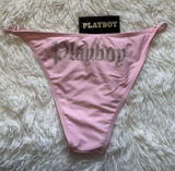 PLAYBOY Pink Rhinestone Logo Thong Swimsuit Bottoms Photo 0