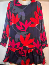 Womens Floral Drop Waist Ruffle Hem Mini Dress Navy‎ Red Pink Long Sleeve Shift Photo 0