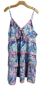 Simply Southern Tiered Mini Dress XXL Blue Purple Swirl Ric Rac Trim Sleeveless Photo 0