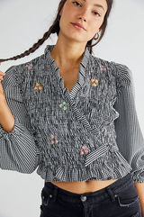 Tach Cedrina Gingham Embroidered Smocked Wrap Blouse Black White Size Small Photo 0