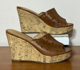 Mudd Womens Khloe Cognac Brown Laser Cut‎ Cork Wedge Platform Sandals Size 8.5 Photo 0
