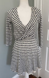 Free People Gray‎ Ivory Striped Faux Wrap V- Neck Maverick Dress Small Photo 0