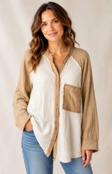 Aerie Gauzy Coverup Shirt Women‎ XS Tan Ivory Colorblock Cotton Oversized Photo 0